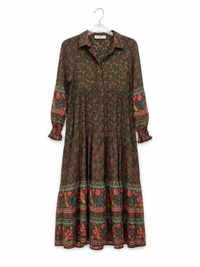 NATURAL LIFE Olive Midi Dress with Pink Floral and Multicolor Border